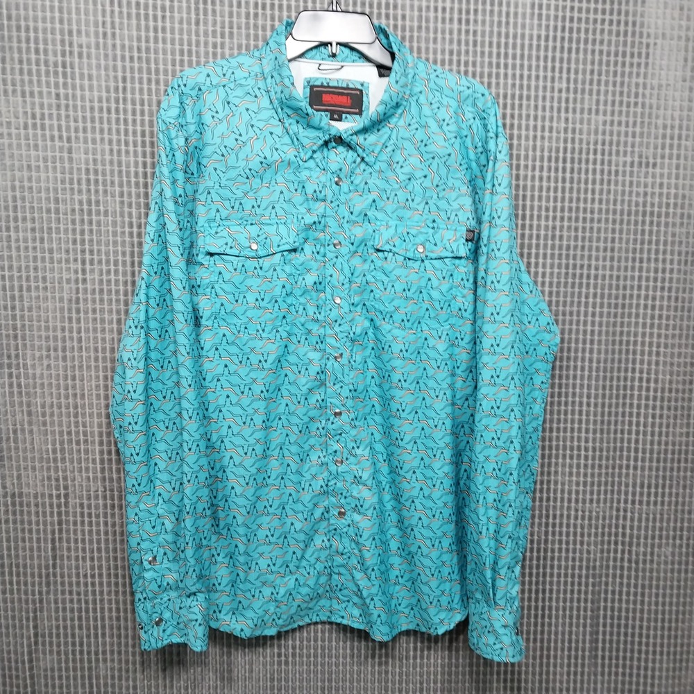Rock and Roll Denim Mens Western Snap Shirt Steer Skull Print XL Turquoise
